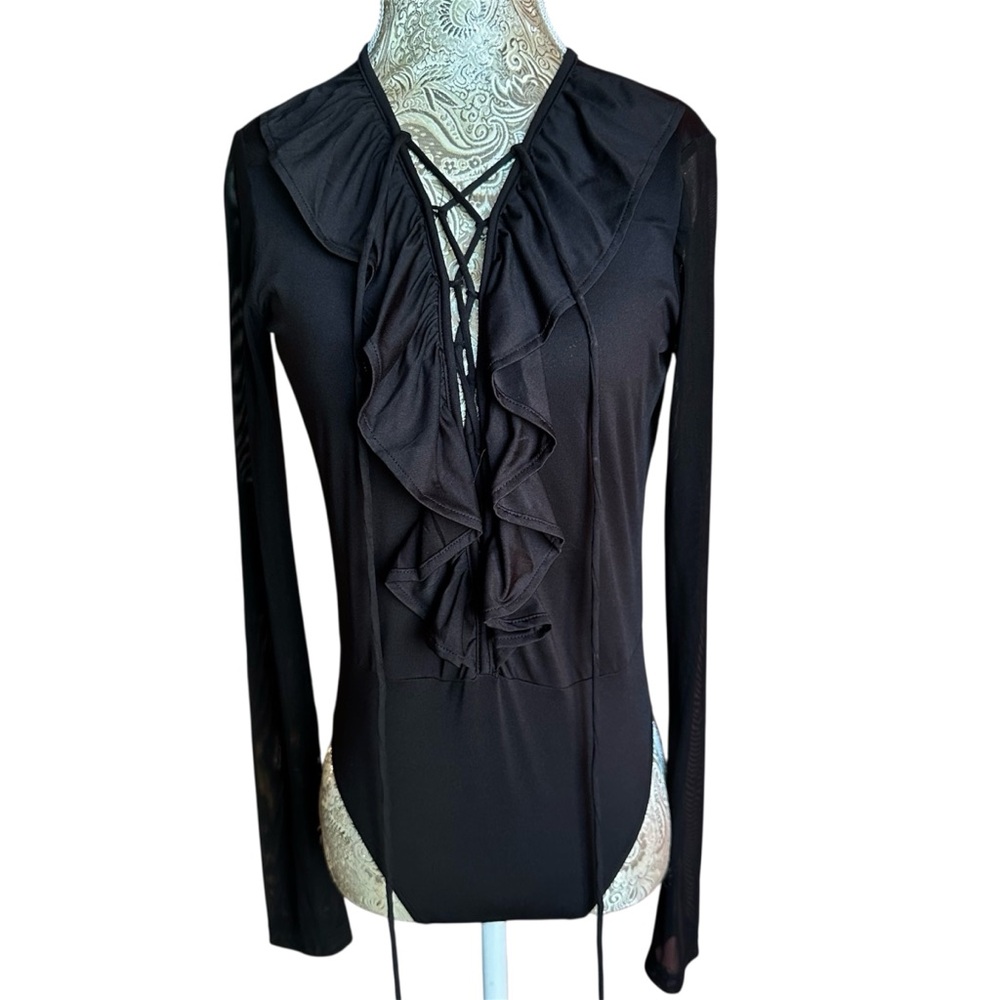 Stretchy Black Ruffled Women's Top Bodysuit Size Medium Women’s Sexy Cocktails